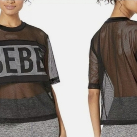 bebe Tops - Bebe Sport Black Mesh Logo Active Top Boxy T-Shirt